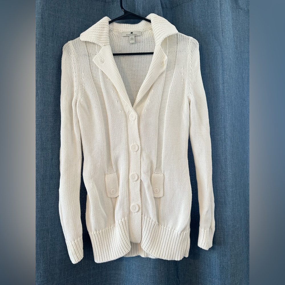 Banana Republic Organic Cotton Ivory Cream Knit Button Down Cardigan Womens Sz S